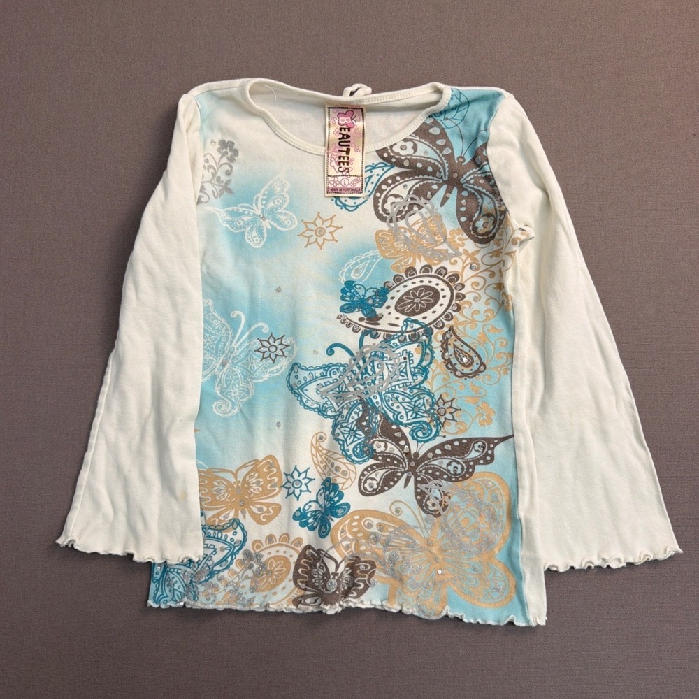 Beautees Y2K Butterfly Paisley Graphic Long Sleeve Top Cream Blue Glitter L